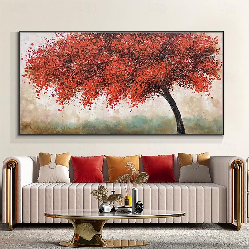 Mintura Handmade Red Tree Landscape Oil Paintings On Canvas Wall Art Decoration Modern Abstract Pictures For Home Decor Rolled Frameless Unstretched Painting