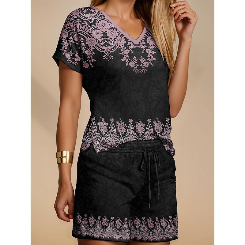 Women's Fashion T Shirt Shorts Sets Baggy Shorts Short Sleeve V Neck Floral Drawstring Print Casual Daily Blue Purple Khaki Summer Regular Fit3