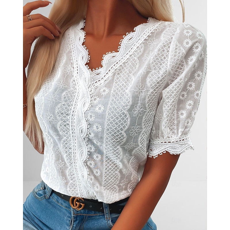 Women's Shirt Blouse White Plain Lace Short Sleeve Daily Weekend Streetwear Casual V Neck Regular S