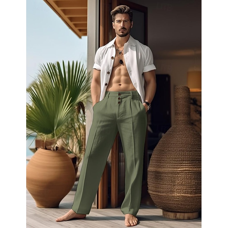 40% Linen Men's Linen Pants Trousers Summer Pants Buttons Pocket Straight Leg Plain Breathable Comfortable Vacation Office / Career Daily Classic Casual Black White