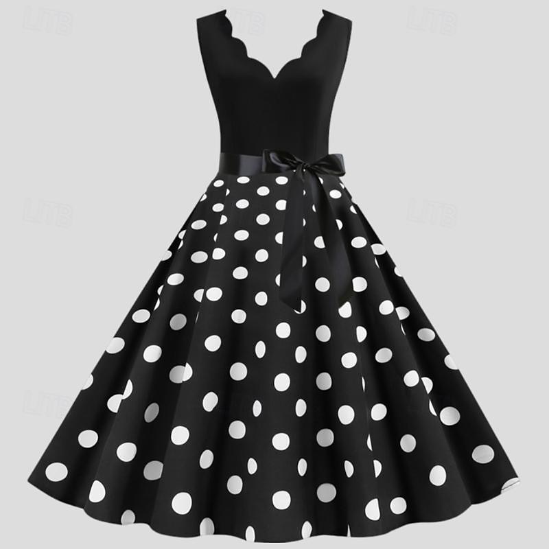 Polka Dots 1950s Grease Outfits Cocktail Dress Knee Length Dress Rockabilly Flare Dress Polka Dot V Neck Fancy Dress Women's Christmas Halloween Carnival Evening Party Adults' Dress3