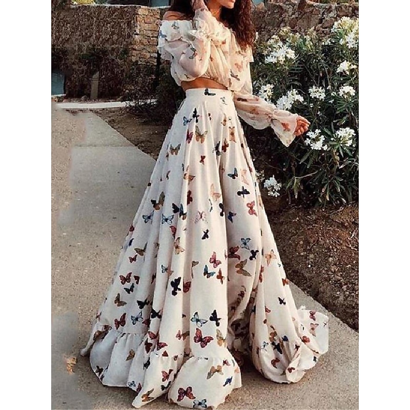 Women's Dress Set Casual Dress Boho Chic Dresses Long Sleeve Boho Dress Vacation Bohemia Fashion Ruffle Print Long Dress Maxi Dress Off Shoulder Long Sleeve Butterfly Loose Fit Summer Spring