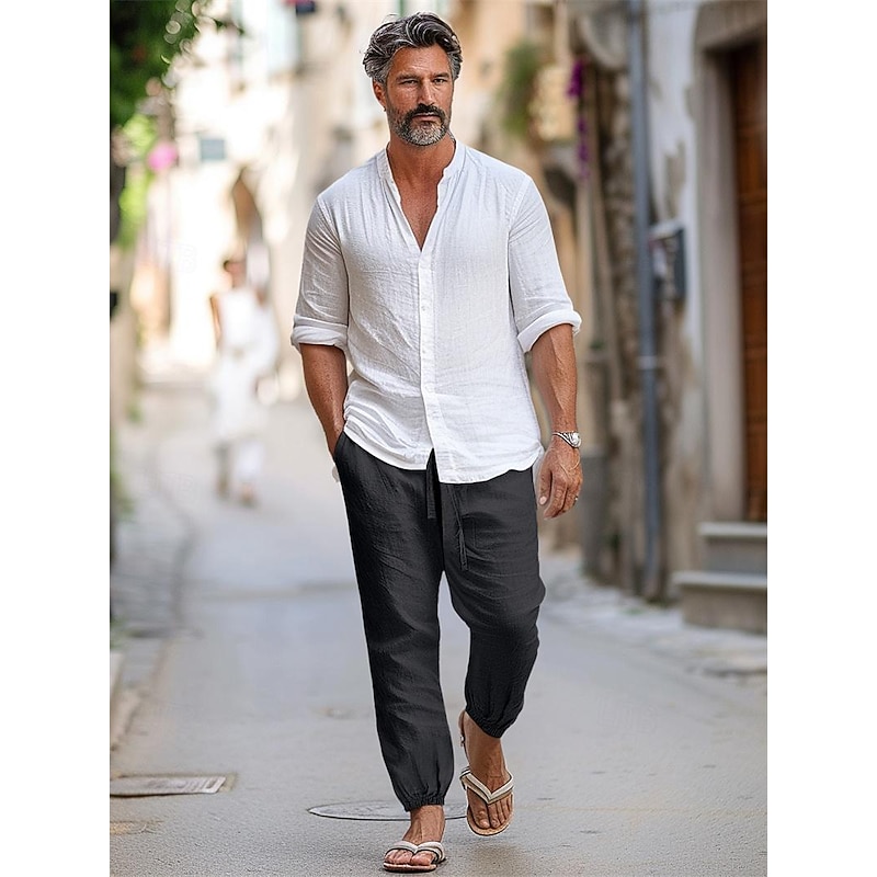 100% Linen Men's Linen Pants Trousers Summer Pants Drawstring Elastic Waist Elastic Cuff Plain Breathable Comfortable Daily Vacation Going out Classic Casual Black Navy Blue