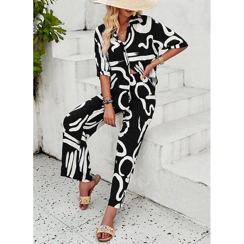 Women EU / US Size2 Pieces SetsFashion Daily Bolero Top Wide Leg Short Sleeve Shirt Collar Geometric Color Block Leaves Print Casual Daily Weekend Black Yellow Blue Spring & Summer Loose Fit