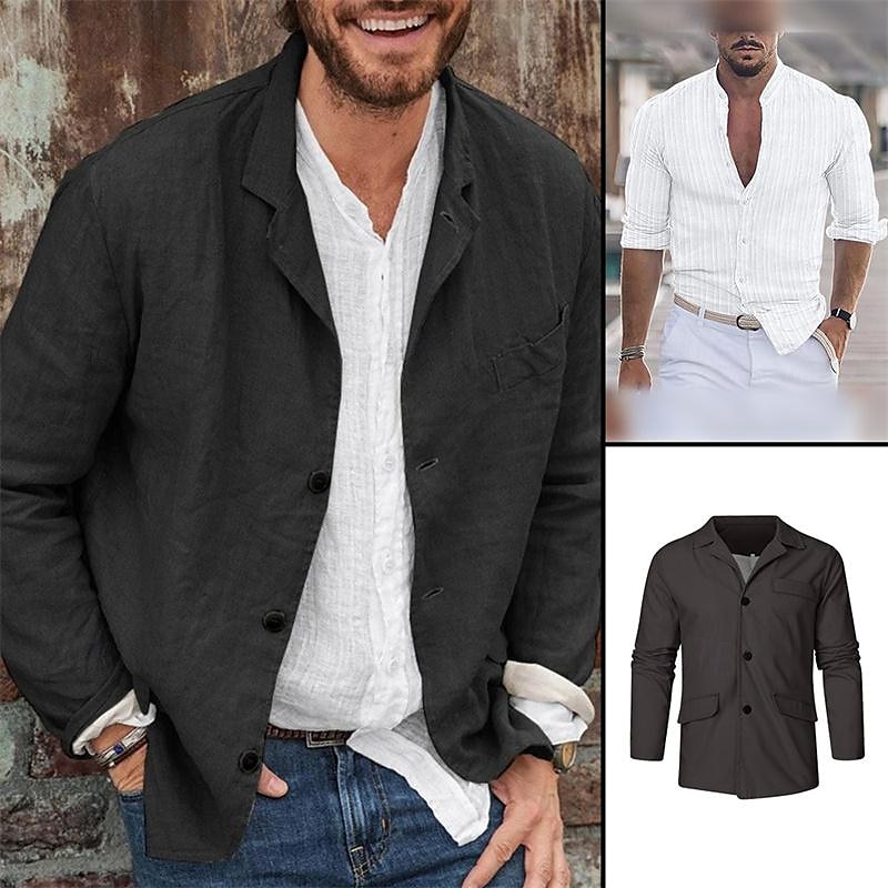 Men’s Matching Sets Black Linen Shirt Summer Shirt Beach Shirt Lightweight Jacket Blazer Sets Long Sleeve Lapel Outdoor Daily Plain 2 Piece Polyester