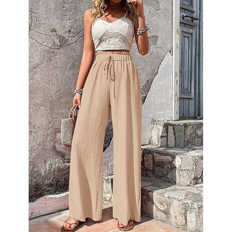 Women's Wide Leg Pants Trousers Side Pockets Plain Full Length Black Spring & Summer4