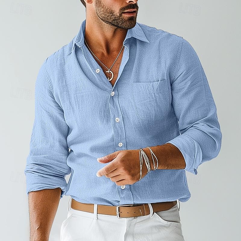 Men's Shirt Linen Shirt Summer Shirt Beach Wear Button Up Shirt Plain Vacation Casual Black Blue Brown Khaki Long Sleeve Lapel Spring & Summer Clothing Apparel Pocket2