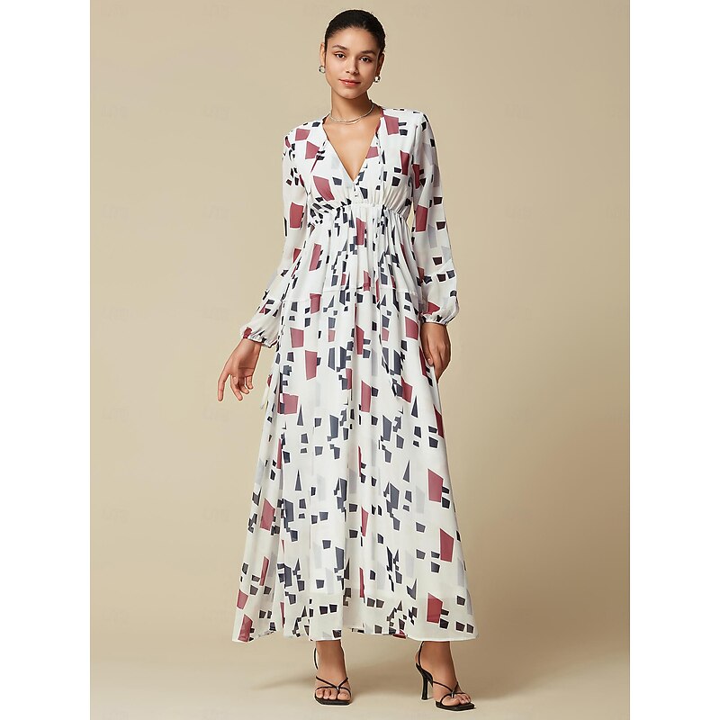 Chiffon Geometric V Neck Maxi Dress4