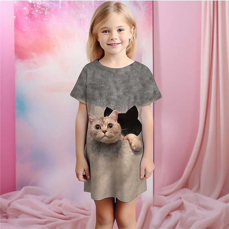 Girls' 3D Cat Pajamas Nightdress Short Sleeve 3D Print Summer Active Fashion Cute Kids 3-12 Years Crew Neck Home Causal Indoor Regular Fit4