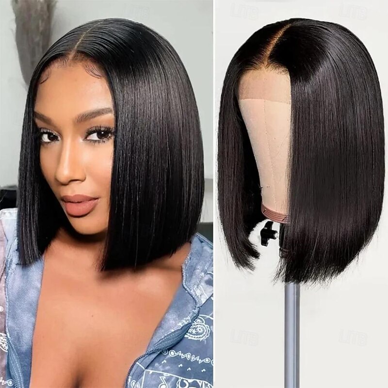 Brazilian Straight Bob Wig Human Hair 14 inch 13x4 HD Lace Front Wigs 180 Density Glueless Pre Plucked with Baby Hair 180% Density Glueless Short Human Hair Wigs for Black Women Natural Color2