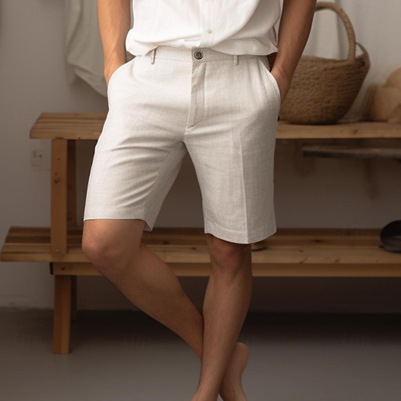 40% Linen Men's Shorts Linen Shorts Summer Shorts Button Up Pocket Plain Comfortable Breathable Short Vacation Daily Going out Classic Casual White Navy Blue2