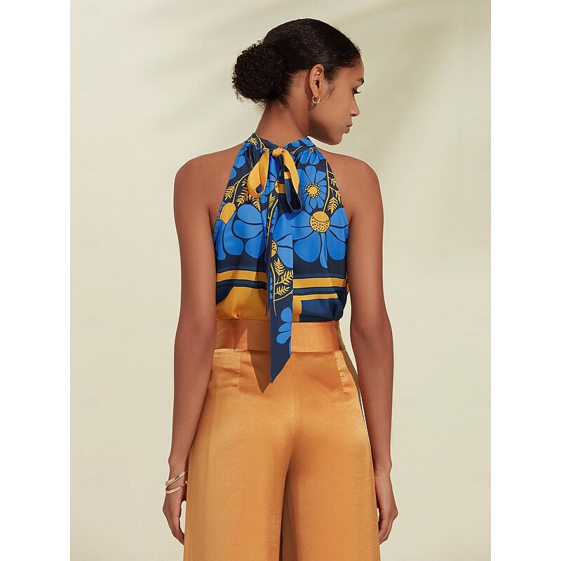 Women's Geometic Flower / Plants Vacation Weekend Sleeveless Blue Ruched Tie back / Tie front Sleeveless Blouses Tied Neck Summer3
