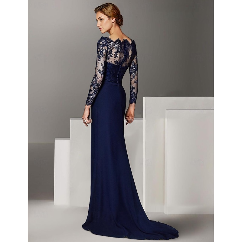 Mermaid Mother of the Bride Dress Formal Wedding Guest Elegant Off Shoulder Floor Length Lace Stretch Chiffon Long Sleeve with Lace Ruching2