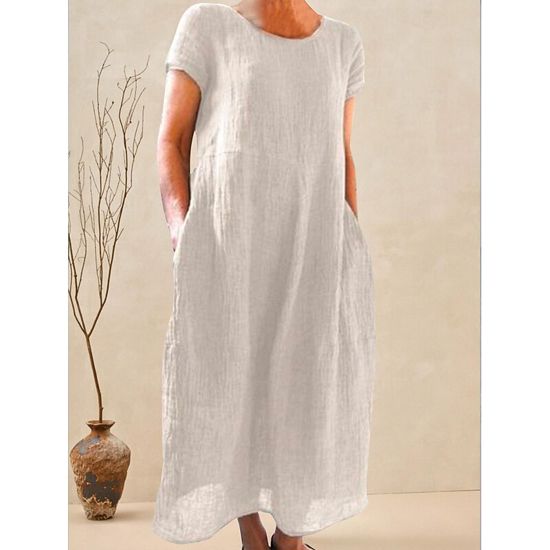 Women's Black White Yellow Summer Spring Maxi Dress White Dress Cotton Linen Dresses Casual Dress Basic Casual Outdoor Vacation Daily Loose Fit Plain Crew Neck