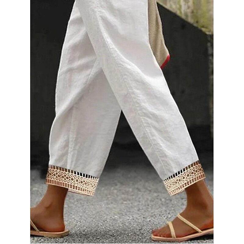 Women's Pants Trousers Linen Cotton Blend Lace Side Pockets Plain Ankle-Length White Spring, Fall, Winter, Summer3