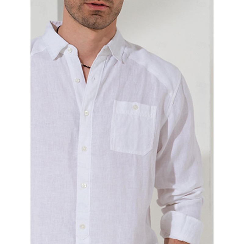 45% Linen Pocket Men's Linen Shirt Shirt Button Up Shirt Summer Shirt Black White Blue Long Sleeve Plain Lapel Spring &  Fall Outdoor Daily Clothing Apparel4