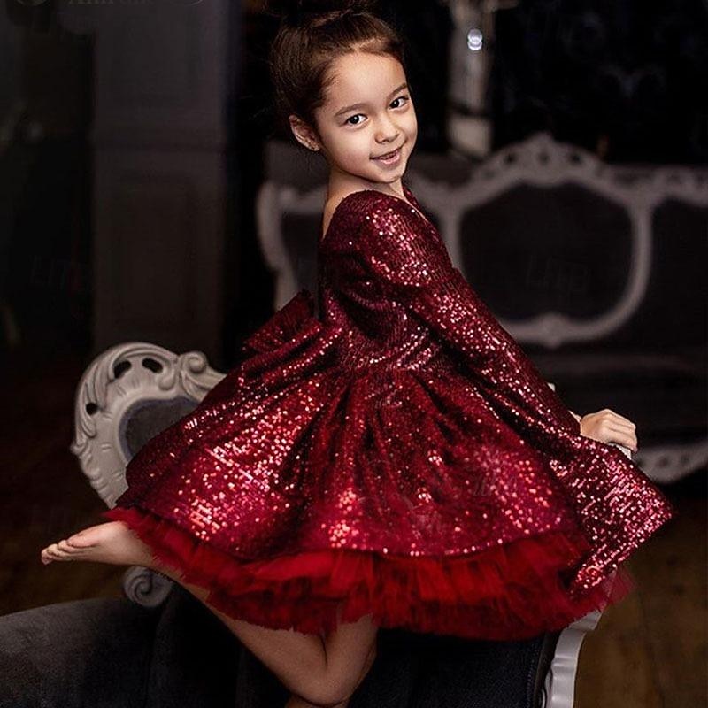 Kids Girls' Party Dress Solid Color Long Sleeve Performance Mesh Princess Sweet Mesh Mid-Calf Sheath Dress Tulle Dress Summer Spring Fall kids Pink Wine Green4