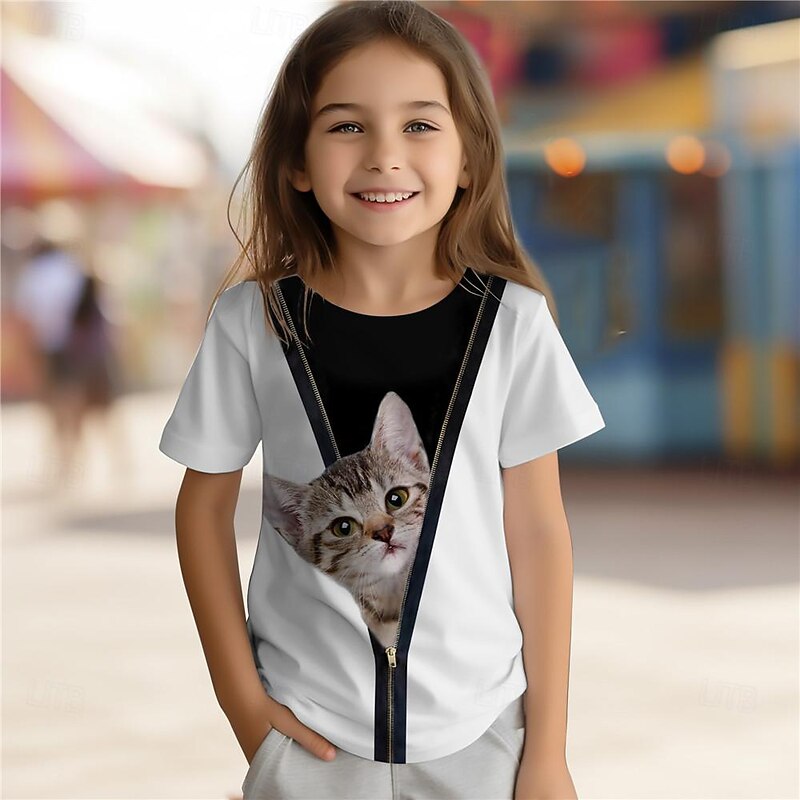 Girls' 3D Cat Tee Shirts Short Sleeve 3D Print Summer Active Fashion Cute Polyester Kids 3-12 Years Crew Neck Outdoor Casual Daily Regular Fit3