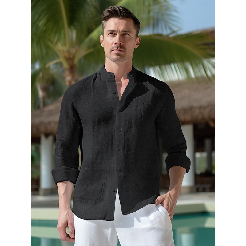 100% Linen Pocket Men's Linen Shirt Shirt Beach Shirt Black White Dark Navy Long Sleeve Plain Standing Collar Spring &  Fall Outdoor Daily Clothing Apparel3