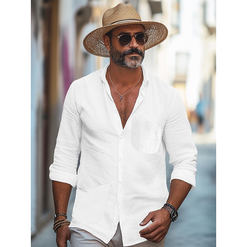 45% Linen Pocket Men's Linen Shirt Shirt Button Up Shirt Summer Shirt Black White Navy Blue Long Sleeve Plain Lapel Spring &  Fall Outdoor Daily Clothing Apparel2