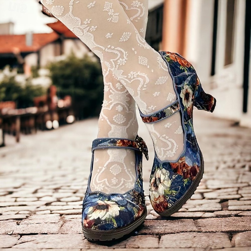 Women's Vintage Floral Mary Jane Heels – Premium Cowhide Leather Block Heel Shoes for Retro Style and Casual Wear 12