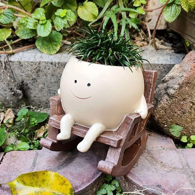 Garden Plant Pot With Small Rocking Chair Design, Made Of Resin, Suitable For Succulents And Other Plants, Perfect For Home Gardening Decoration3
