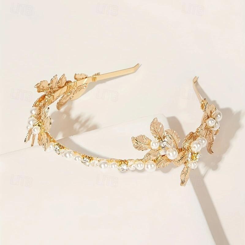 1pcs Faux Pearl Leaf Decor Headband Golden Baroque Hair Hoop Elegant Headband Wedding Party Hair Accessories For Women4