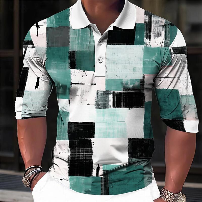 Men's Plaid Polo Shirts Golf Shirt Long Sleeve Polo Shirts Collared Shirts Vintage Casual Vacation Wear Formal Wear Festival Wear 3D Print Buttons Spring & Summer Blue Purple Brown4