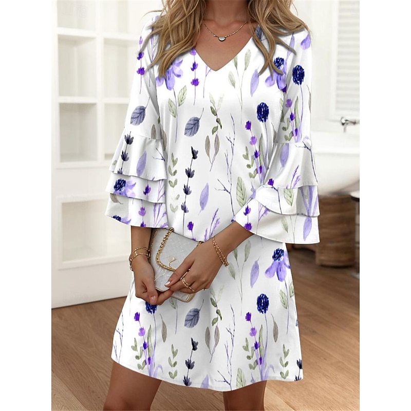 Women's Mini Dress Casual Dress Semi Formal Dress Petite Dress Sundress Streetwear Ruffle Sleeve Vacation Street Date Regular Fit Floral 3/4 Length Sleeve V Neck Pink Blue Purple Summer2