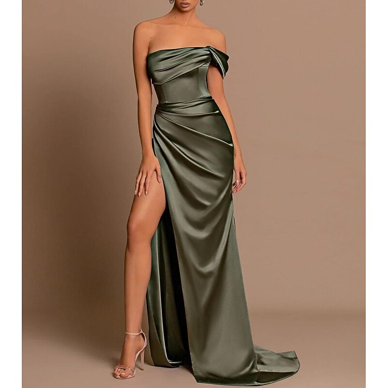 Beach Wedding Mermaid Evening Gown Sexy Dress Wedding Guest Holiday Court Train Sleeveless Off Shoulder Bridesmaid Dress Satin with Ruched Slit Masquerade Dress2