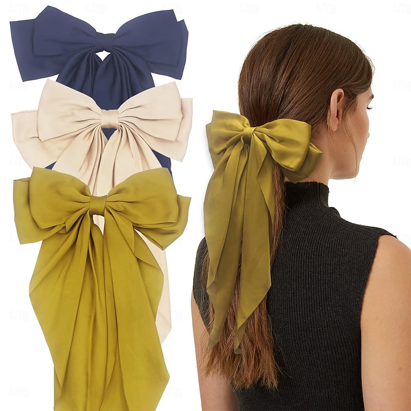 3PCS Big Silky Satin Hair Bows for Women Large Hair Barrettes Ribbon for Girls Long Hair Clips French Barrette Cute Kawaii Bowknot Hairpin Lolita Hair Accessories