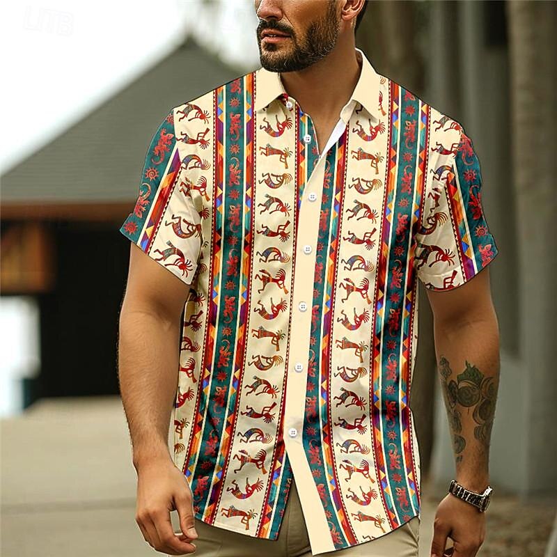 Men's Aztec Tribal Ethnic Shirt Button Up Shirt Short Sleeve Vacation Hawaiian Outdoor Hawaiian Holiday Summer All Seasons Turndown Buttons Print Pink Red Dark Navy Blue4