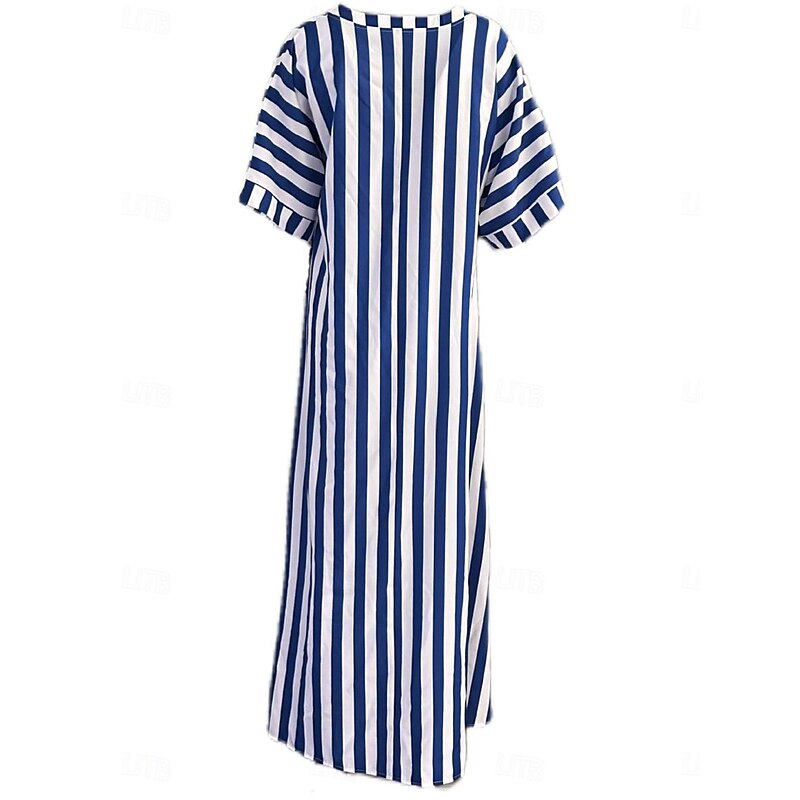 Women's Casual Dress Stripe Button Print Shirt Collar Long Dress Maxi Dress Vacation Short Sleeve Summer3