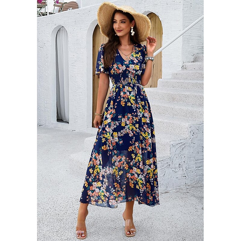 Women's Sheath Dress Chiffon Dress Sundress Floral Graphic Elastic Waist Print V Neck Cold Shoulder Long Dress Maxi Dress Elegant Tropical Party Date Short Sleeve Summer Spring 8