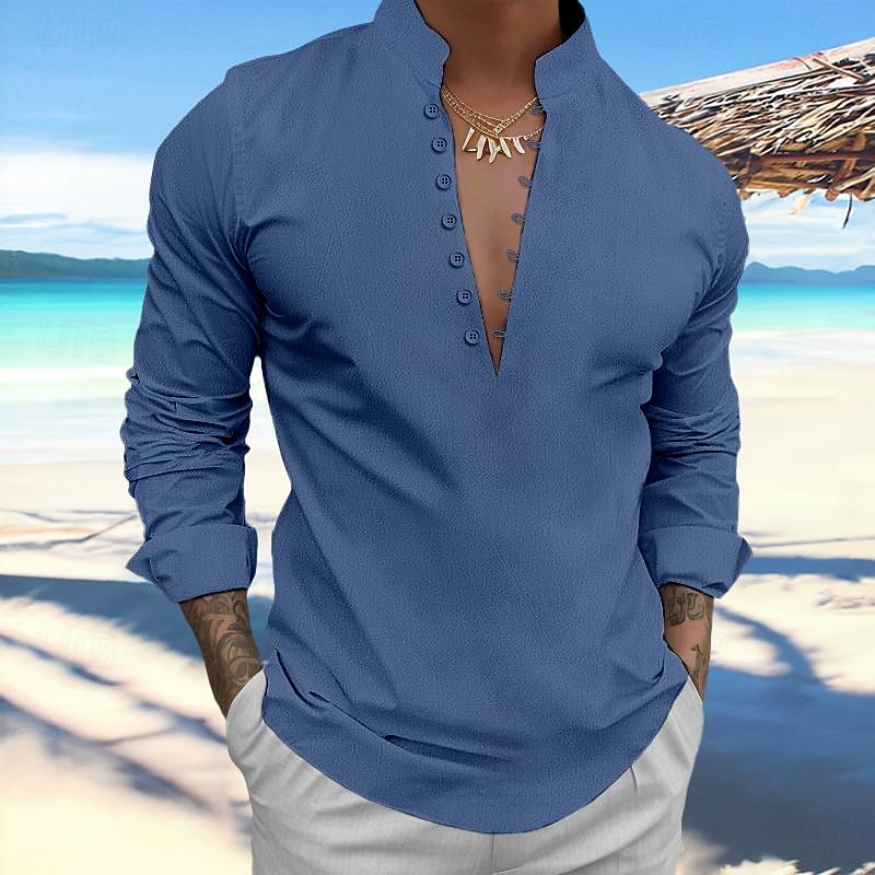Men's Shirt Linen Shirt Popover Shirt Summer Shirt Beach Wear Plain Vacation Curise Black White Blue Sky Blue Long Sleeve Stand Collar Spring & Summer Clothing Apparel2