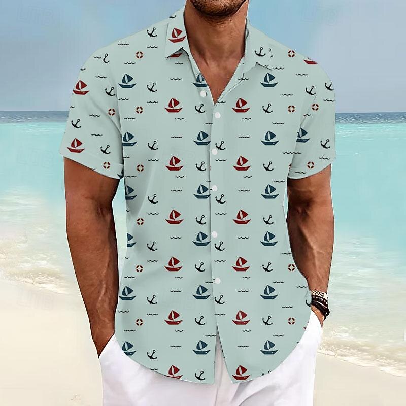 Men's Sailboat Shirt Summer Hawaiian Shirt Aloha Shirt Short Sleeve Shirt Turndown Vacation Hawaiian Outdoor Vacation Hawaiian White Blue Green S M L4