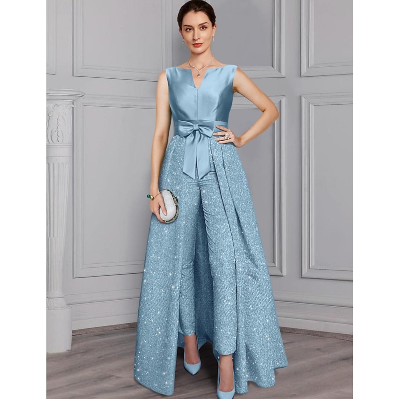 Two Piece Jumpsuit Mother of the Bride  Formal Wedding Guest Elegant Sparkle & Shine Scoop Neck Ankle Length Satin 3/4 Length Sleeve with Bow(s)3