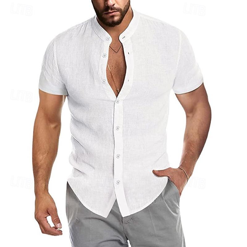 Men's Shirt Chinese Collar Shirt Mandarin Collar Shirt Summer Shirt Casual Shirt Beach Shirt Navy Blue khaki Short Sleeve Plain Grandad Collar Collar Vacation Hawaiian Clothing Apparel Polyester4