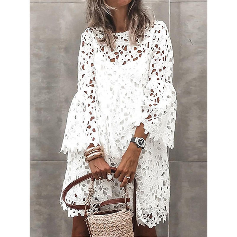 Women's Mini Dress White Dress White Lace Wedding Dress Boho Dress Fashion Outdoor Regular Fit Plain 3/4 Length Sleeve Crew Neck Black White Summer