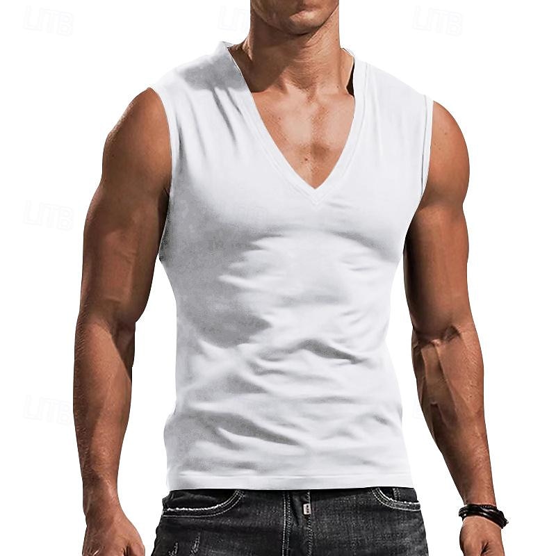Men's GYM Tank Running Tank Workout Tank Men Tops V Neck Sleeveless Sports & Outdoor Vacation Going out Casual Daily Quick dry Moisture Wicking Breathable Soft Plain Black White Activewear Fashion