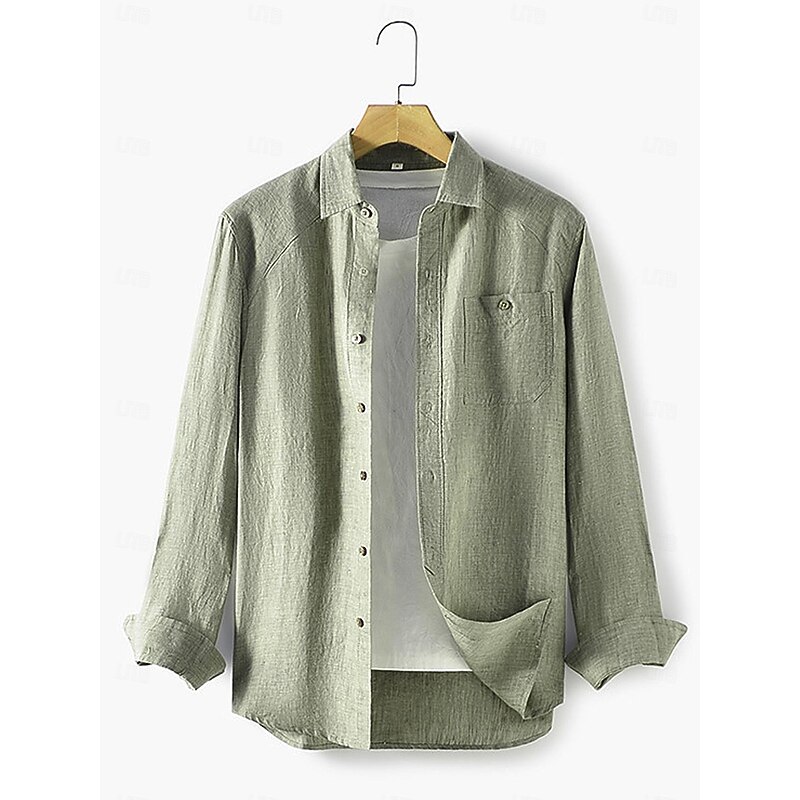 45% Linen Pocket Men's Linen Shirt Shirt Button Up Shirt Summer Shirt Black White Blue Long Sleeve Plain Lapel Spring &  Fall Outdoor Daily Clothing Apparel3