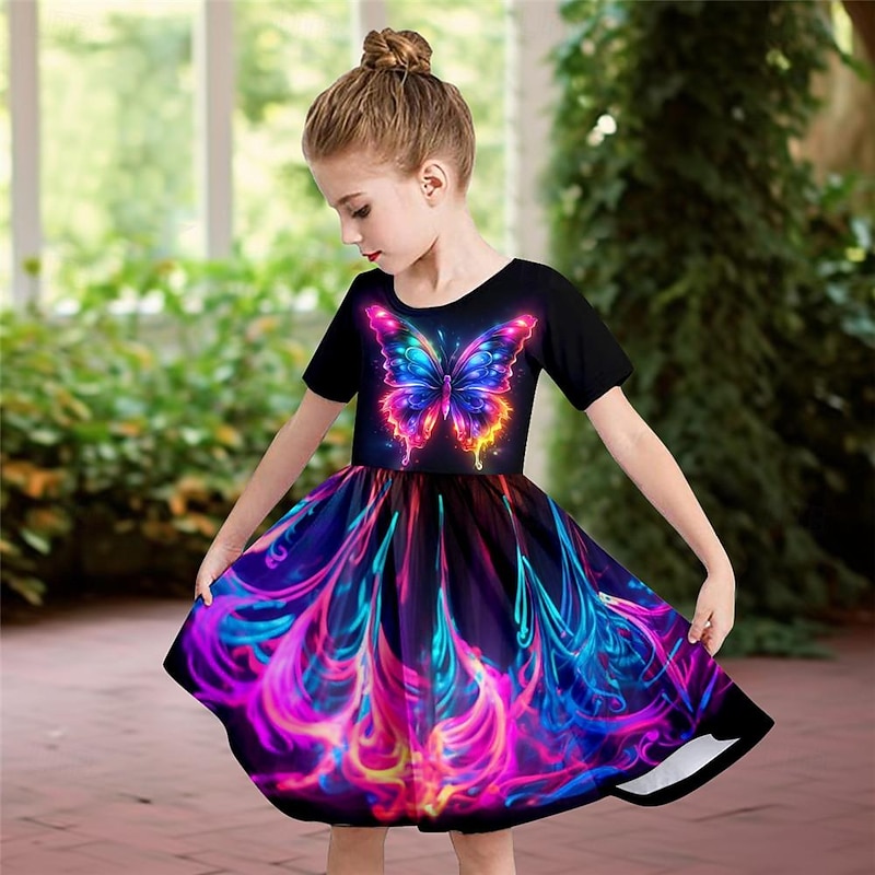 Girls' 3D Butterfly Dress Short Sleeve 3D Print Summer Daily Holiday Casual Beautiful Kids 3-12 Years Casual Dress Skater Dress Above Knee Regular Fit