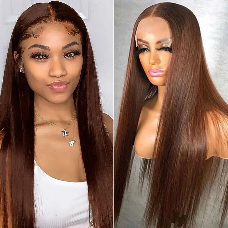 Human Hair 360 Lace Wig 4# Brown Transparent Straight Lace Front Human Hair Wigs4