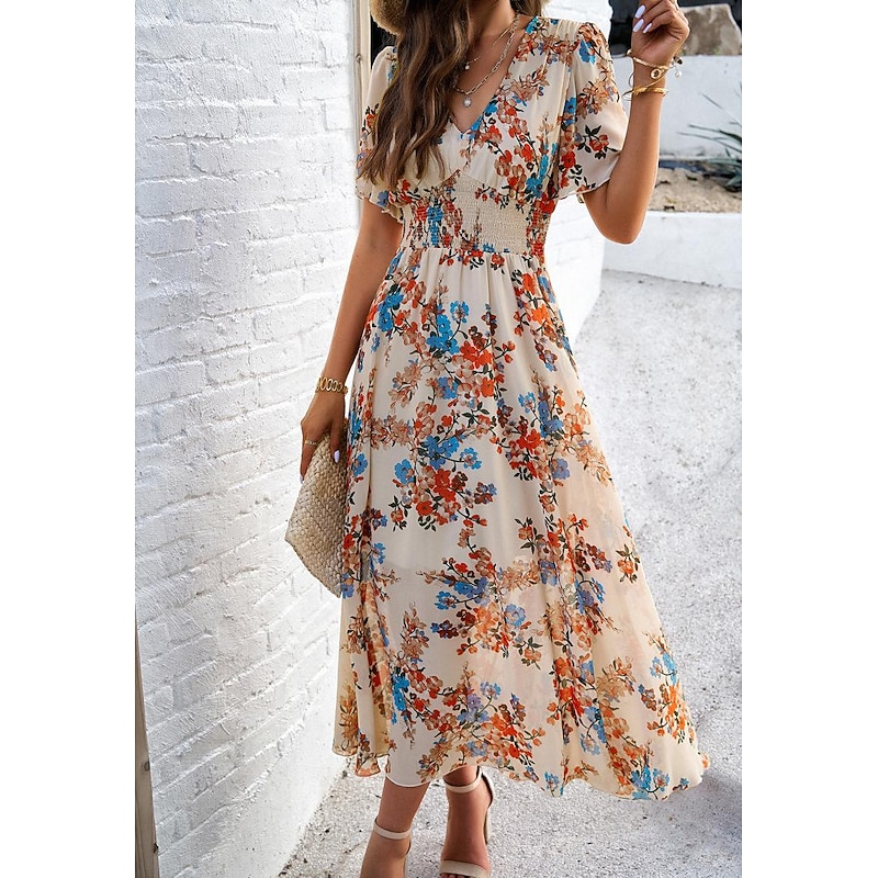 Women's Sheath Dress Chiffon Dress Sundress Floral Graphic Elastic Waist Print V Neck Cold Shoulder Long Dress Maxi Dress Elegant Tropical Party Date Short Sleeve Summer Spring 14