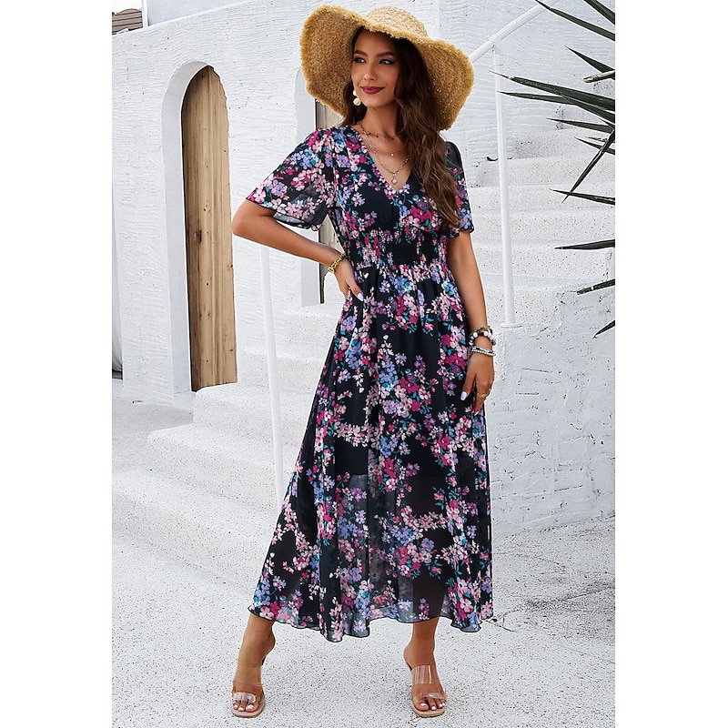 Women's Sheath Dress Chiffon Dress Sundress Floral Graphic Elastic Waist Print V Neck Cold Shoulder Long Dress Maxi Dress Elegant Tropical Party Date Short Sleeve Summer Spring4