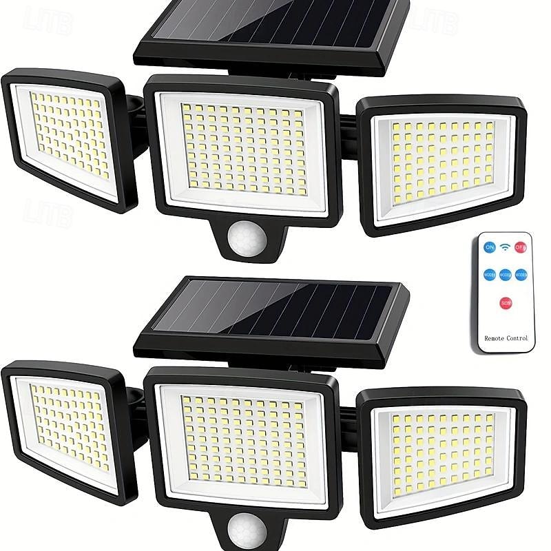 Solar Flood Lights Outdoor Lights 3-Head Motion Sensor Light 2500Lumens 210LEDs Safety Light with Remote Control, IP65 Waterproof Wide-Angle Floodlight Wall Light2