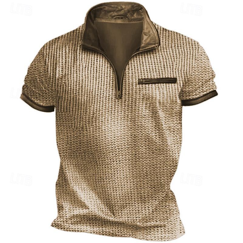 Men's T Shirt Waffle Knit Tee Quarter Zip Tee Tee Top Short Sleeves Quarter Zip Summer Plain Vintage Designer Basic Pocket Vacation Street Going out Navy Blue Dark Gray Khaki Top Tee for Men