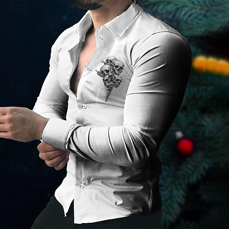 Men's Dress Shirt Printed Shirts Skeleton Vacation Party Black White Long Sleeve Turndown Summer Spring Clothing Apparel Print