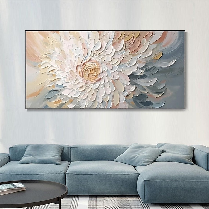 Hand painted 3D Textured Floral oil painting Wall Art Wabi-Sabi artwork Minimalist Canvas Wall Decor for Living Room Floral flower Oil Painting Spring Decor Knife Painting
