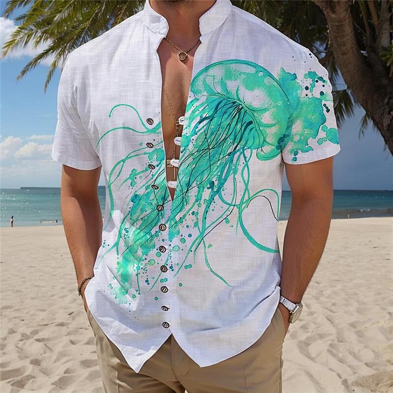 Men's Tropical Jellyfish Summer Hawaiian Shirt Aloha Shirt Printed Shirts Short Sleeves Shirt Standing Collar Hawaiian Resort Vacation Holiday Daily Wear Blue Purple Orange S M L4